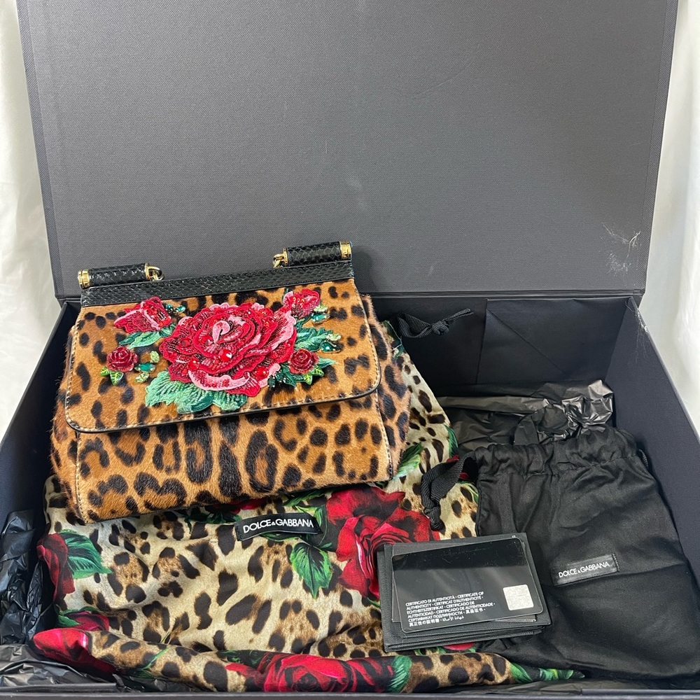 DOLCE & GABBANA Sicily Leopard Roses Pony-hair Bag  W Sequin Embroidery